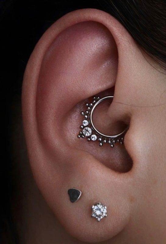 Daith piercing with beaded crystal cluster hoop