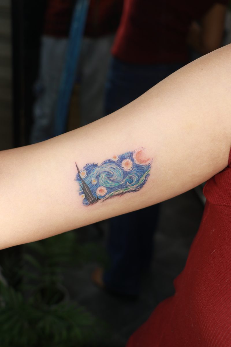 Van Gogh starry night mini color tattoo
