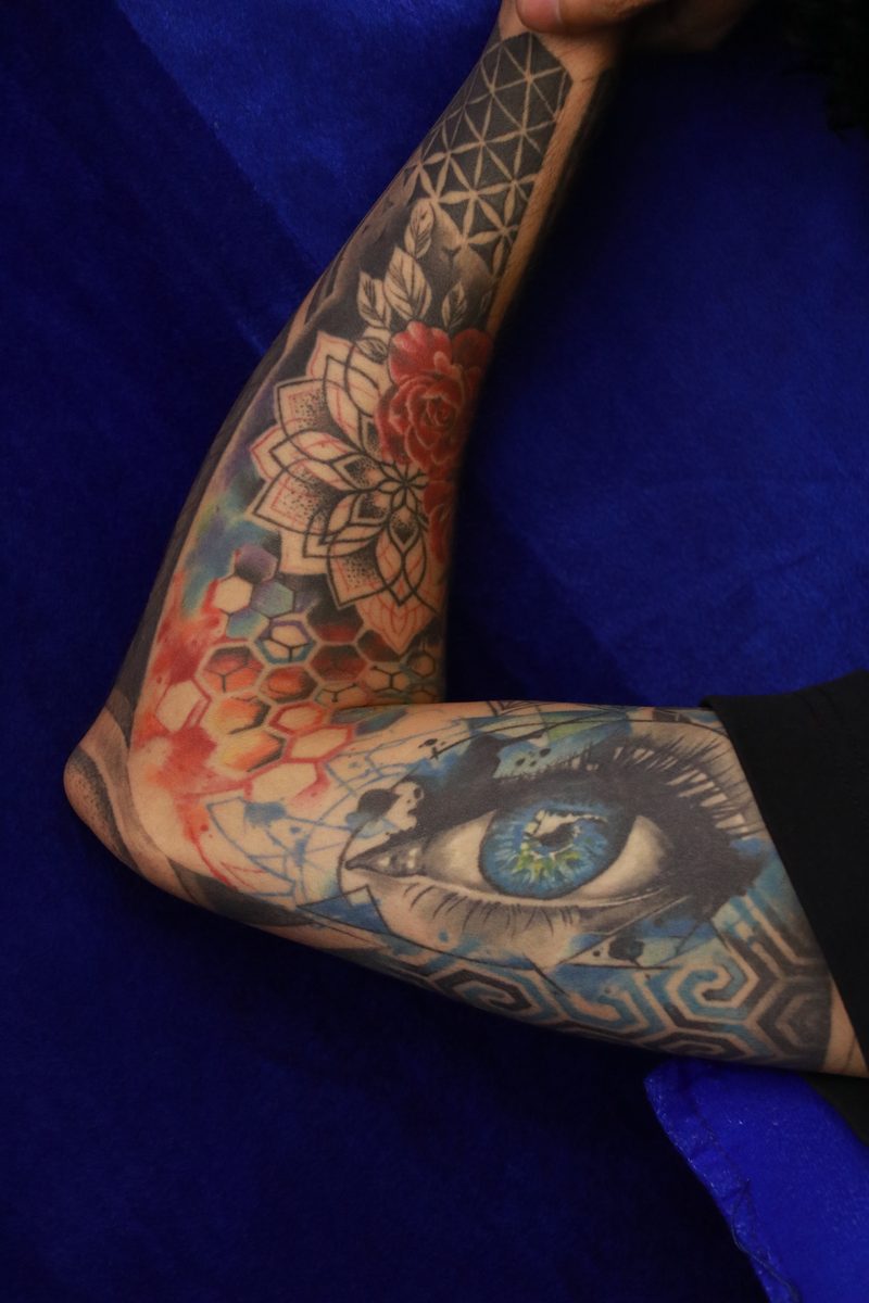Full color sleeve with mandala rose and eye