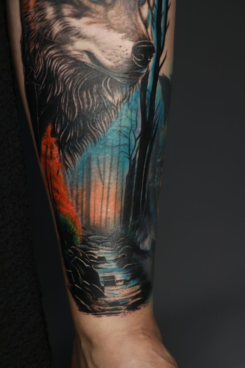 Wolf forest color realism tattoo detail