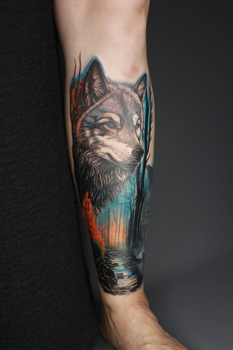 Wolf with forest color realism forearm tattoo