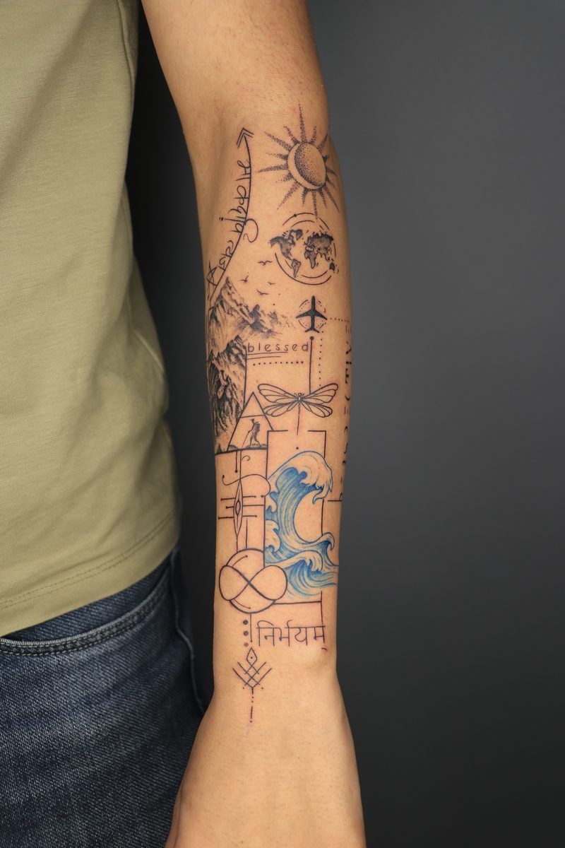 Travel theme patchwork fine line forearm tattoo